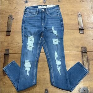 Hollister Ripped Dark Blue Super Skinny Distressed Jeans Size 00R W24R